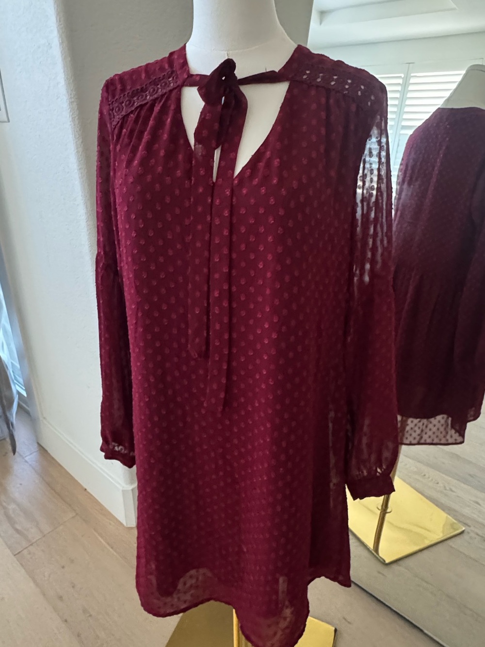 DR2 Wine Red Long-Sleeve Tie-Neck Shift Dress